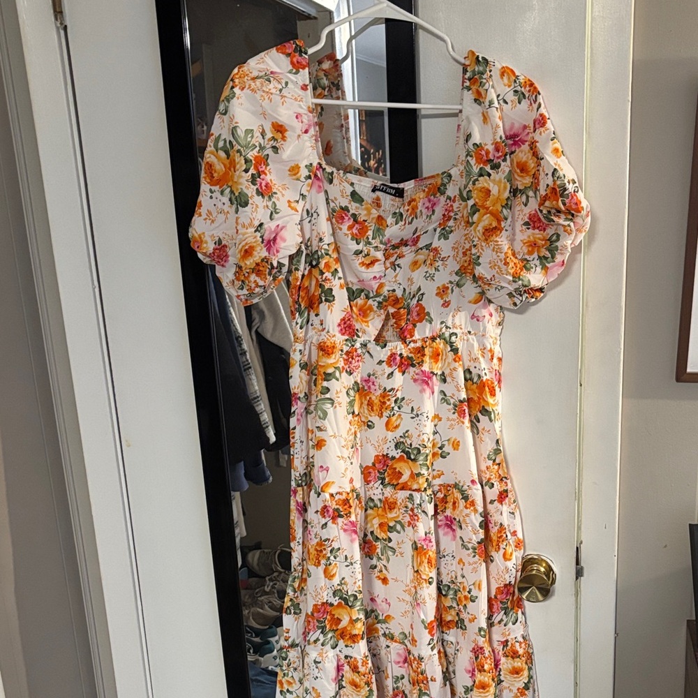 Amazon Floral Puff Sleeve Midi Dress - Orange and Yellow